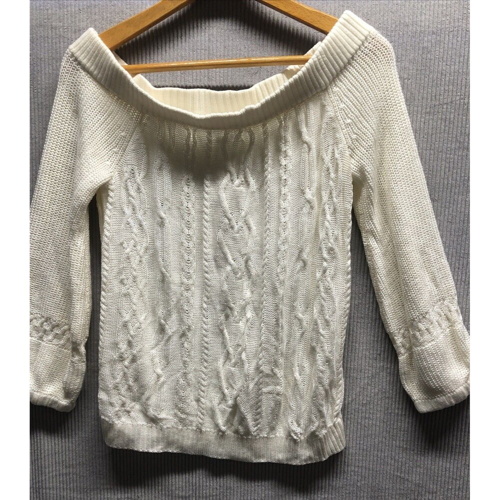 New York & Company Cable Knit Sweater Size M Cream Off Shoulder 3/4 Sleeves NWT
